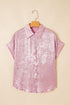 Shimmering Metallic Texture Short Sleeve Button Down Shirt
