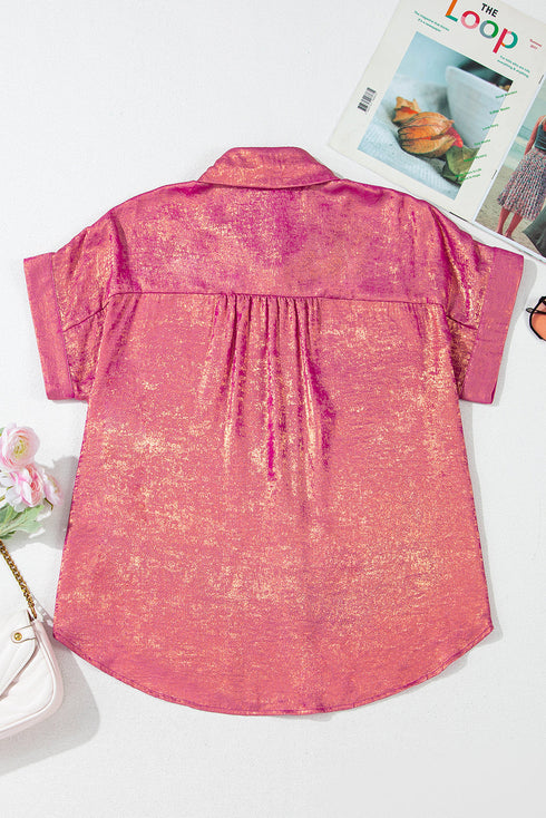 Shimmering Metallic Texture Short Sleeve Button Down Shirt