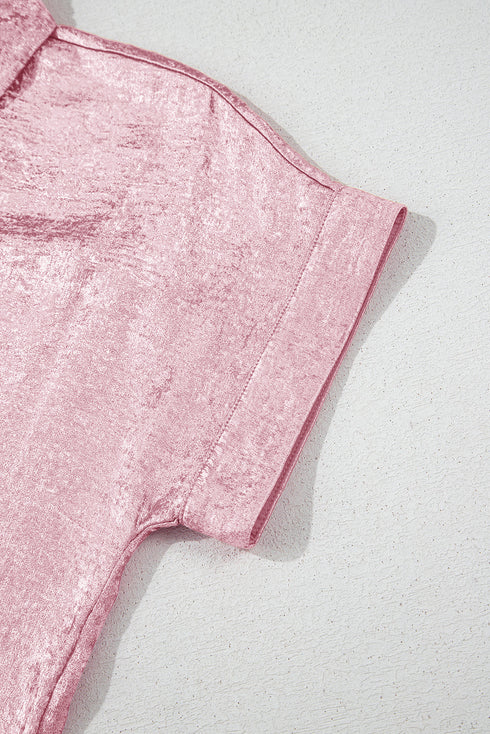 Shimmering Metallic Texture Short Sleeve Button Down Shirt