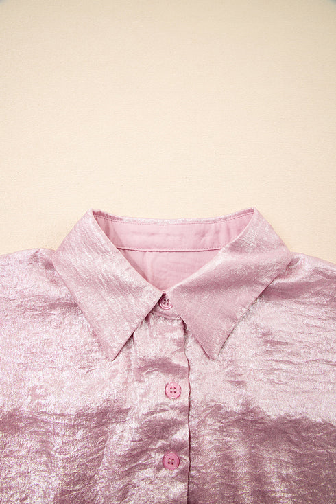 Shimmering Metallic Texture Short Sleeve Button Down Shirt