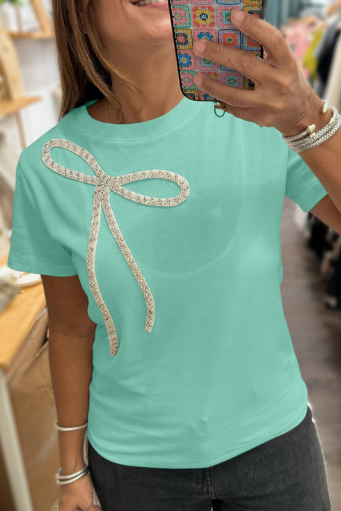 Shimmering Rhinestone Bow Detail Soft Cotton Blend Casual Tee