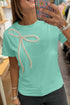 Shimmering Rhinestone Bow Detail Soft Cotton Blend Casual Tee