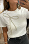 Shimmering Rhinestone Bow Detail Soft Cotton Blend Casual Tee