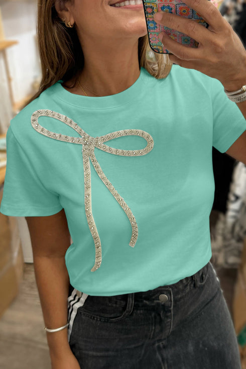 Shimmering Rhinestone Bow Detail Soft Cotton Blend Casual Tee