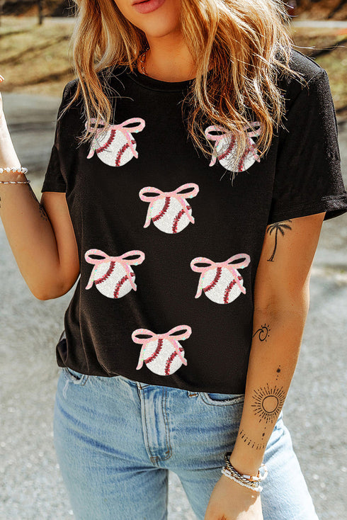 Shimmering Sequin Bow Baseball Game Day Graphic T Shirt