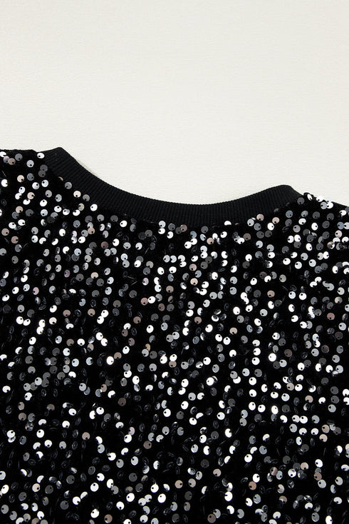 Shimmering Sequin Long Sleeve Crew Neck Cropped Blouse