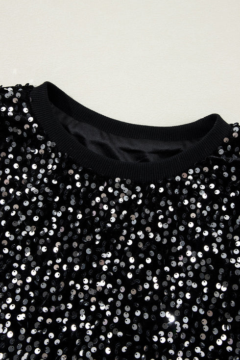 Shimmering Sequin Long Sleeve Crew Neck Cropped Blouse