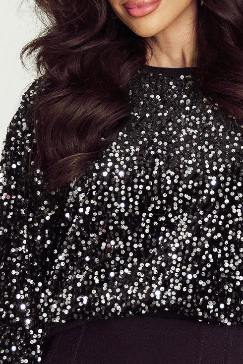 Shimmering Sequin Long Sleeve Crew Neck Cropped Blouse