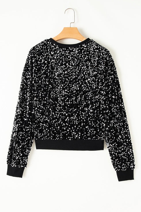 Shimmering Sequin Long Sleeve Crew Neck Cropped Blouse