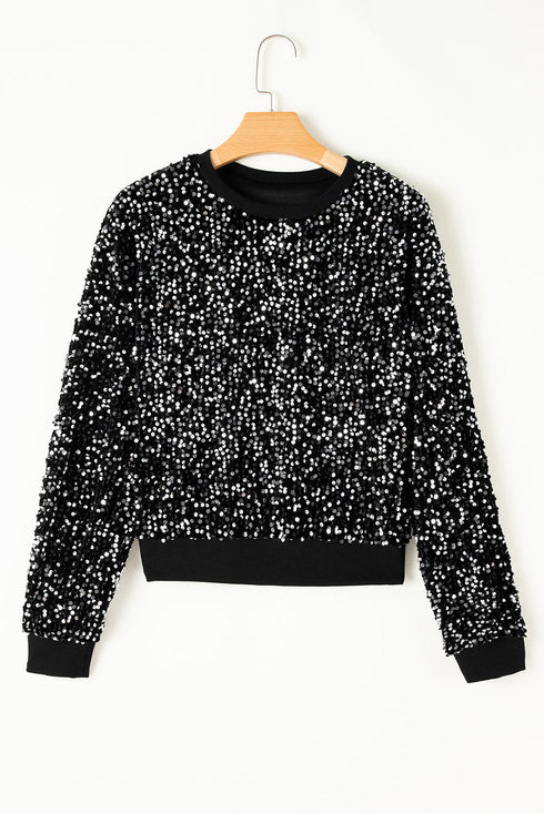 Shimmering Sequin Long Sleeve Crew Neck Cropped Blouse