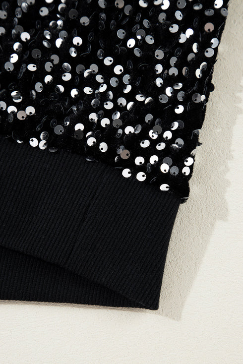 Shimmering Sequin Long Sleeve Crew Neck Cropped Blouse