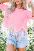 Shimmering Sequin Round Neck Fringed Hem Crop Top