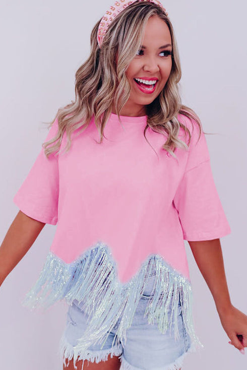 Shimmering Sequin Round Neck Fringed Hem Crop Top