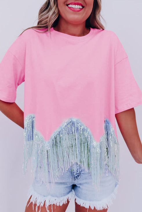 Shimmering Sequin Round Neck Fringed Hem Crop Top