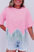 Shimmering Sequin Round Neck Fringed Hem Crop Top