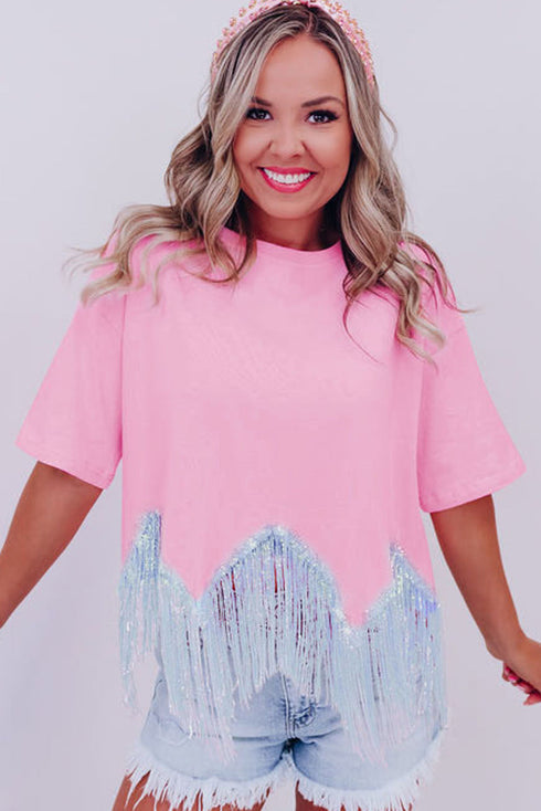 Shimmering Sequin Round Neck Fringed Hem Crop Top
