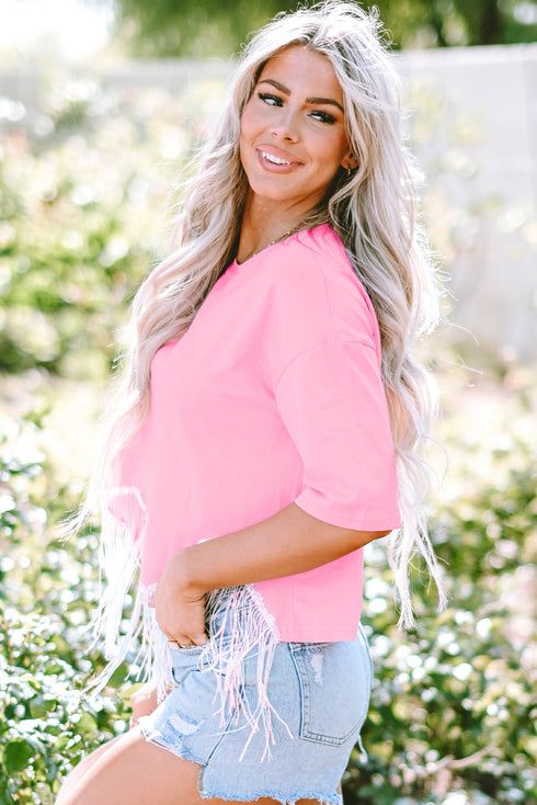 Shimmering Sequin Round Neck Fringed Hem Crop Top