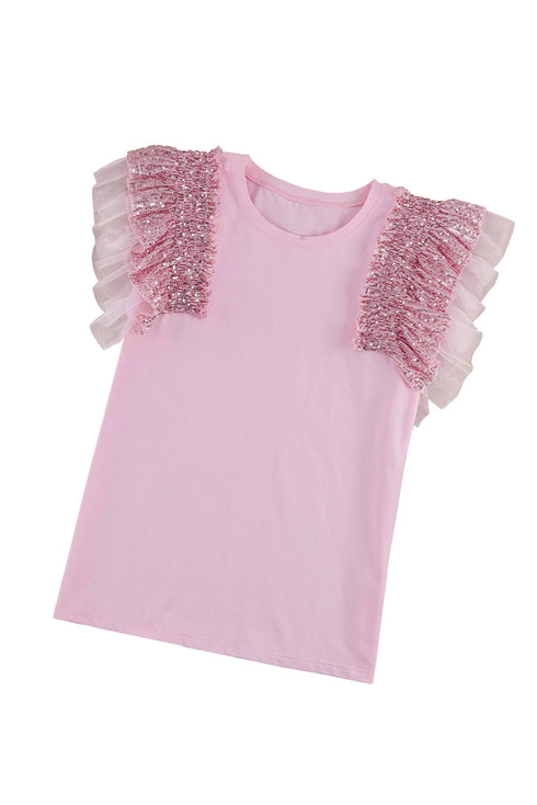 Shimmering Sequin Ruffle Sleeve Mesh Accent Top