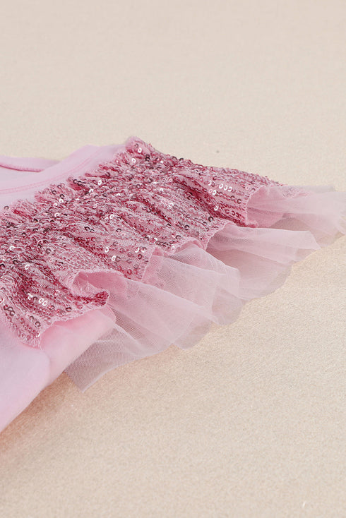 Shimmering Sequin Ruffle Sleeve Mesh Accent Top