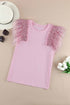 Shimmering Sequin Ruffle Sleeve Mesh Accent Top