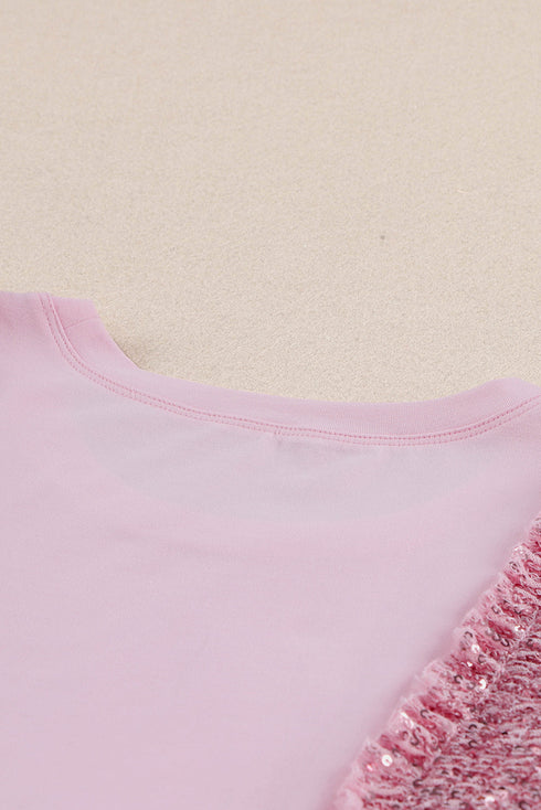 Shimmering Sequin Ruffle Sleeve Mesh Accent Top