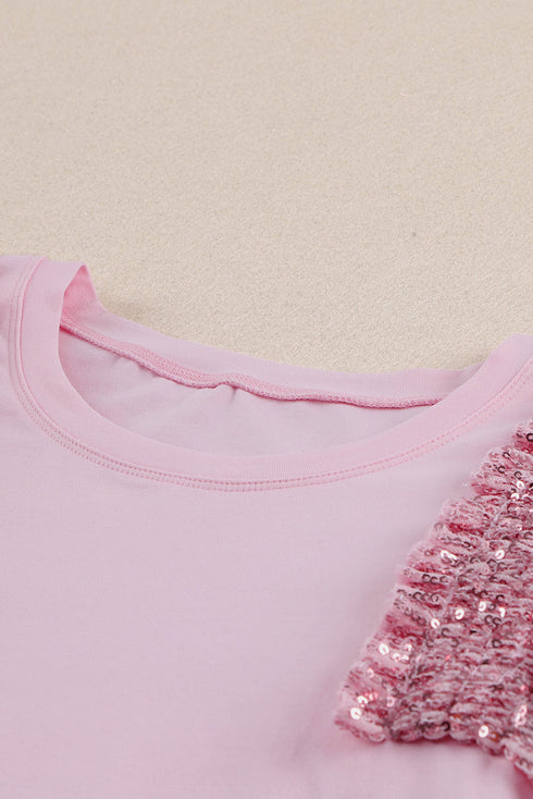 Shimmering Sequin Ruffle Sleeve Mesh Accent Top