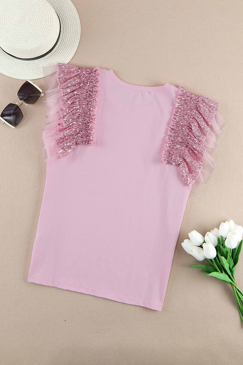 Shimmering Sequin Ruffle Sleeve Mesh Accent Top