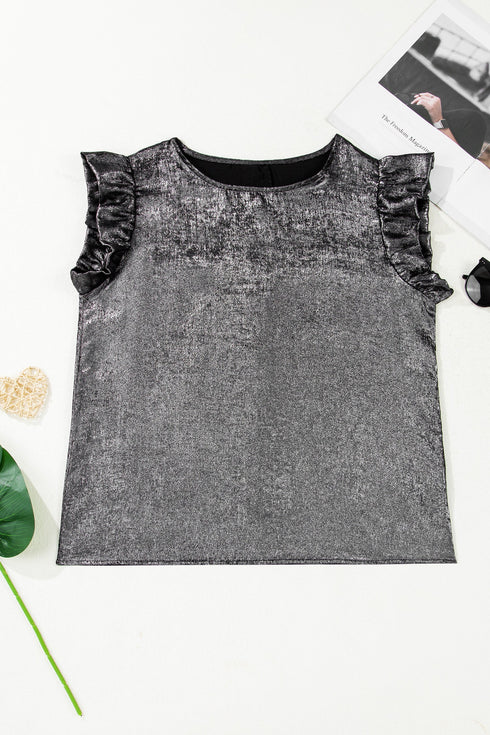 Shimmering Textured Ruffle Sleeve Woven Statement Top