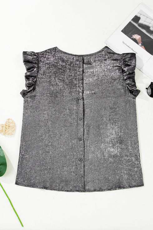 Shimmering Textured Ruffle Sleeve Woven Statement Top