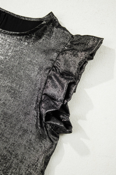 Shimmering Textured Ruffle Sleeve Woven Statement Top