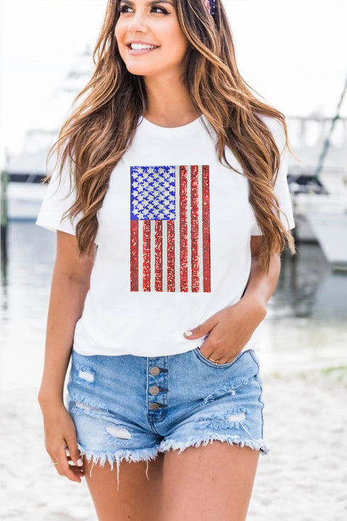 Shimmery Sequin Star Stripe Graphic Short Sleeve Tee