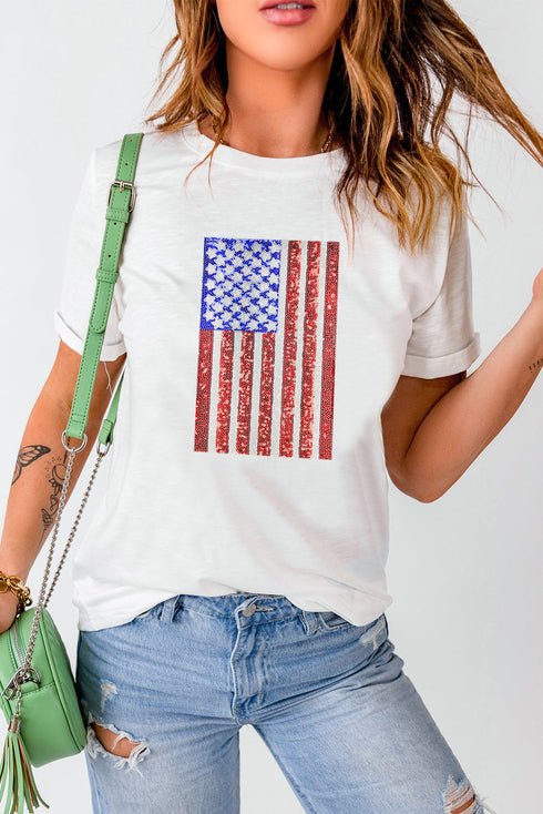Shimmery Sequin Star Stripe Graphic Short Sleeve Tee