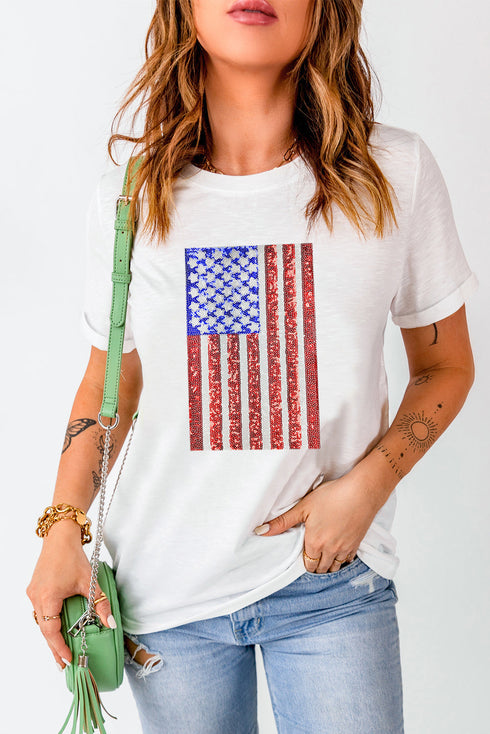 Shimmery Sequin Star Stripe Graphic Short Sleeve Tee