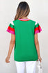 Shiny Striped Flutter Sleeve Round Neck Short Sleeve Sweater