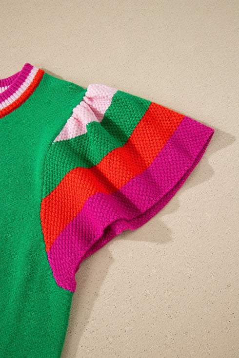 Shiny Striped Flutter Sleeve Round Neck Short Sleeve Sweater