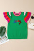 Shiny Striped Flutter Sleeve Round Neck Short Sleeve Sweater