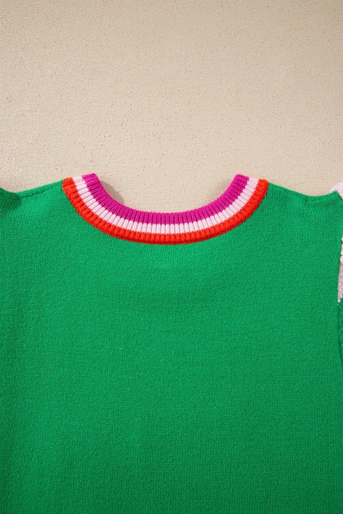 Shiny Striped Flutter Sleeve Round Neck Short Sleeve Sweater