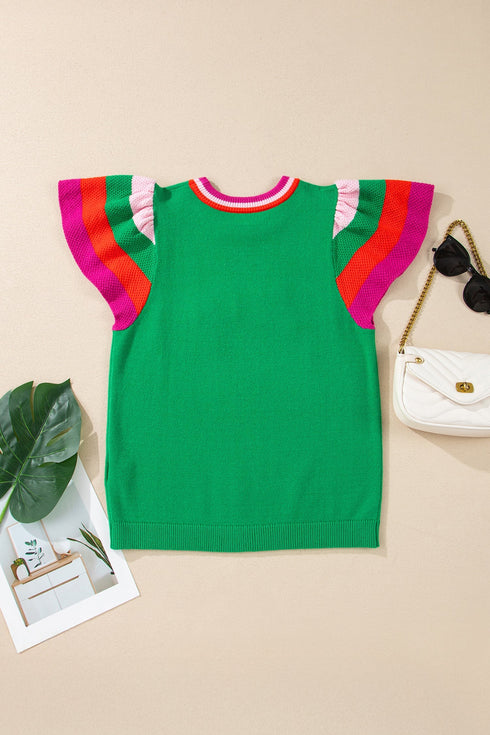Shiny Striped Flutter Sleeve Round Neck Short Sleeve Sweater