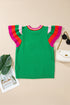 Shiny Striped Flutter Sleeve Round Neck Short Sleeve Sweater