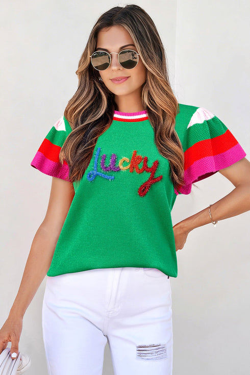 Shiny Striped Flutter Sleeve Round Neck Short Sleeve Sweater