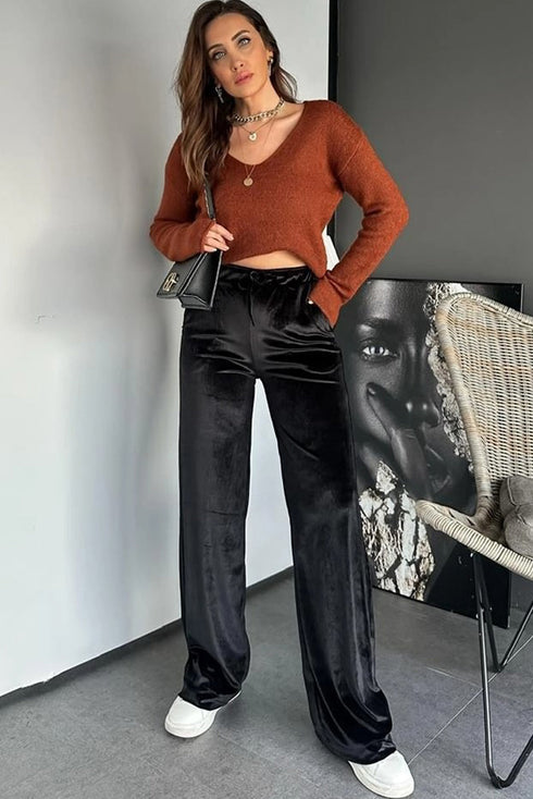 Shiny Velvet Drawstring High Waist Wide Leg Pants