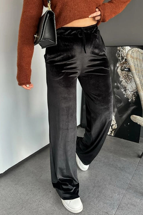 Shiny Velvet Drawstring High Waist Wide Leg Pants