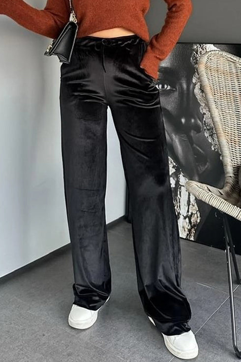 Shiny Velvet Drawstring High Waist Wide Leg Pants