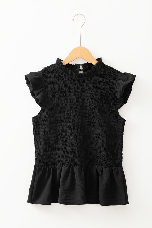 Shirred Bodice Square Neck Ruffle Sleeve Peplum Top