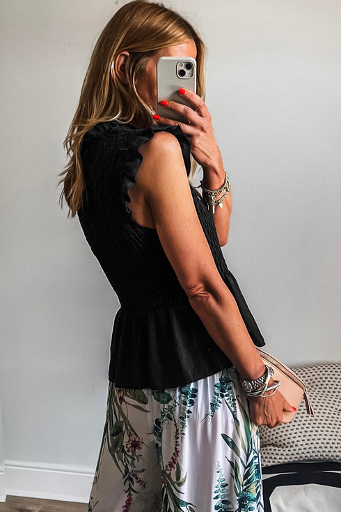 Shirred Bodice Square Neck Ruffle Sleeve Peplum Top