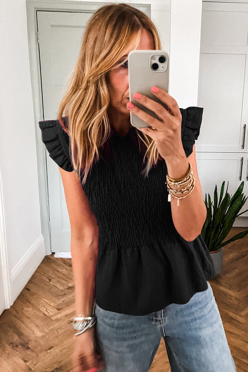 Shirred Bodice Square Neck Ruffle Sleeve Peplum Top