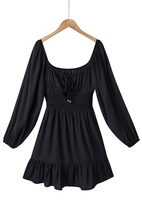 Shirred Drawstring Ruffle Long Sleeve Casual Mini Dress