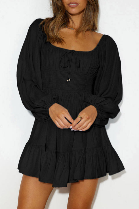 Shirred Drawstring Ruffle Long Sleeve Casual Mini Dress