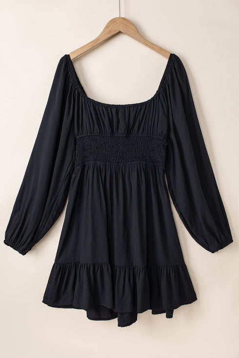 Shirred Drawstring Ruffle Long Sleeve Casual Mini Dress