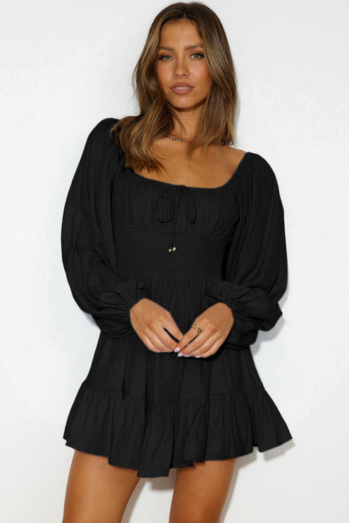 Shirred Drawstring Ruffle Long Sleeve Casual Mini Dress
